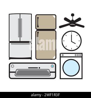 Household appliances. Refrigerator, fridge, washing machine, alarm clock. Vector illustration Stock Vector
