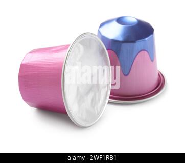 Two plastic coffee capsules isolated on white Stock Photo