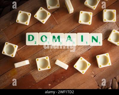 Scrabble letters with text Domain, in wooden background Stock Photo