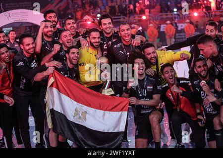 Cairo, Egypt. 27th Jan, 2024. Team Egypt celebrate after winning the final between Egypt and Algeria at the 2024 African Men's Handball Championship in Cairo, Egypt, Jan. 27, 2024. Credit: Ahmed Gomaa/Xinhua/Alamy Live News Stock Photo