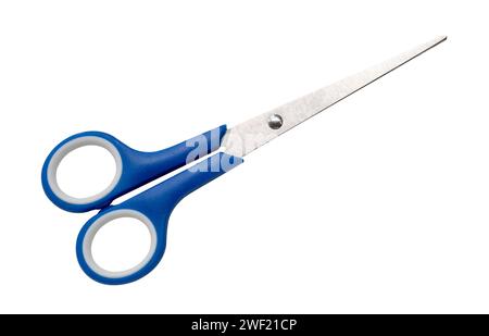 Top view of multipurpose scissors with blue handle is isolated on white background with clipping path. Stock Photo