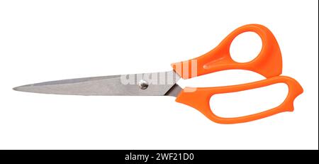 Top view of multipurpose scissors with orange handle is isolated on white background with clipping path. Stock Photo