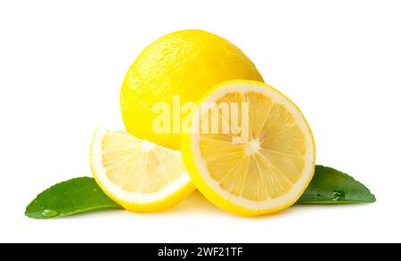 Front view of yellow lemon fruit with slices and leaves is isolated on white background with clipping path. Stock Photo