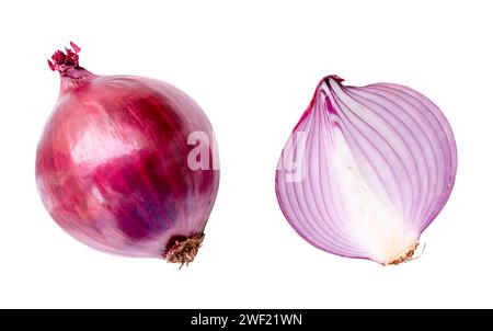 Top view of fresh red or purple onion with half in set is isolated on white background with clipping path. Stock Photo