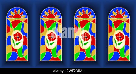 Seamless pattern Poppy flower Stained glass window. Multi-colored mosaic pattern. Isolated vector illustration Stock Vector