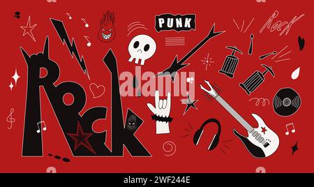 Punk rock n roll elements collection. Hard rock signs, objects, symbols set. Doodle Vector illustration Isolated on red background Stock Vector