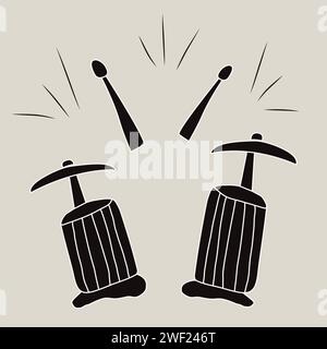 Drum kit Doodle style Drumset with cymbals Black and white vector illustration Isolated on light grey background Stock Vector