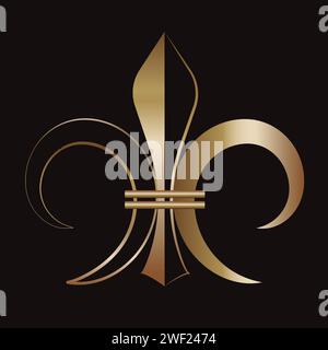 Fleur De Lis icon Royal French heraldic symbol  Gold, metallic, outline decorative design element Vector illustration Isolated on black background Stock Vector