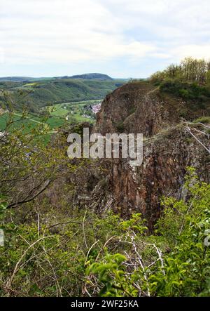 Top of cliff in Rotenfels surrounded by plants on a spring day in Rhineland Palatinate, Germany. Stock Photo