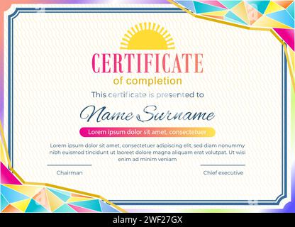 Spring certificate blank. Colorful triangles in corners of blank. Thin simple frame and sign of Sun vector illustration.. Stock Vector