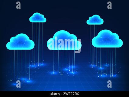 Cloud technology Cloud stores data locally and transfers it from anywhere in real time. via internet signal, There is a security system. Vector illust Stock Vector