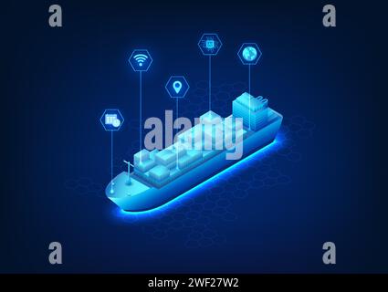 Transportation and logistics technology Worldwide shipping using ships and AI technology To identify locations and help manage transportation systems, Stock Vector