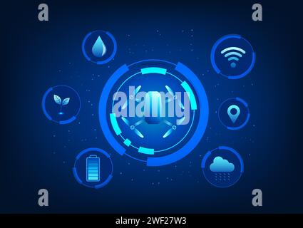 Smart farm technology where drone technology is used to control agricultural farm operations, sweeten seeds, water trucks, and care for crops. Drone i Stock Vector