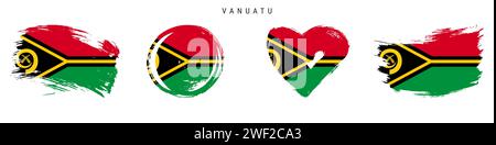 Vanuatu hand drawn grunge style flag icon set. Vanuatuan banner in official colors. Free brush stroke shape, circle and heart-shaped. Flat vector illu Stock Vector