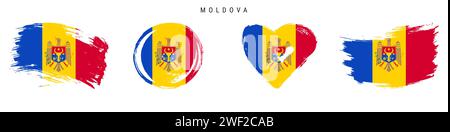 Moldova hand drawn grunge style flag icon set. Moldavian banner in official colors. Free brush stroke shape, circle and heart-shaped. Flat vector illu Stock Vector
