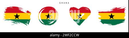 Ghana hand drawn grunge style flag icon set. Ghanaian banner in official colors. Free brush stroke shape, circle and heart-shaped. Flat vector illustr Stock Vector