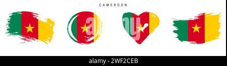 Cameroon hand drawn grunge style flag icon set. Cameroonian banner in official colors. Free brush stroke shape, circle and heart-shaped. Flat vector i Stock Vector