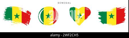 Senegal hand drawn grunge style flag icon set. Senegalese banner in official colors. Free brush stroke shape, circle and heart-shaped. Flat vector ill Stock Vector