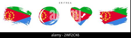 Eritrea hand drawn grunge style flag icon set. Eritrean banner in official colors. Free brush stroke shape, circle and heart-shaped. Flat vector illus Stock Vector
