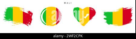 Mali hand drawn grunge style flag icon set. Malian banner in official colors. Free brush stroke shape, circle and heart-shaped. Flat vector illustrati Stock Vector