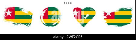 Togo hand drawn grunge style flag icon set. Togolese Republic banner in official colors. Free brush stroke shape, circle and heart-shaped. Flat vector Stock Vector
