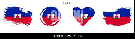 Haiti hand drawn grunge style flag icon set. Haitian banner in official colors. Free brush stroke shape, circle and heart-shaped. Flat vector illustra Stock Vector