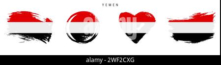 Yemen hand drawn grunge style flag icon set. Yemeni banner in official colors. Free brush stroke shape, circle and heart-shaped. Flat vector illustrat Stock Vector