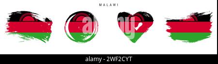 Malawi hand drawn grunge style flag icon set. Malawian banner in official colors. Free brush stroke shape, circle and heart-shaped. Flat vector illust Stock Vector
