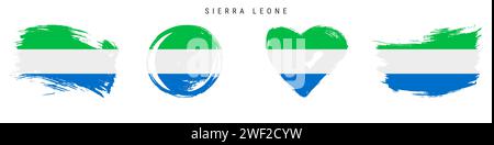 Sierra Leone hand drawn grunge style flag icon set. Salone banner in official colors. Free brush stroke shape, circle and heart-shaped. Flat vector il Stock Vector