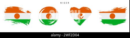 Niger hand drawn grunge style flag icon set. Nigerian banner in official colors. Free brush stroke shape, circle and heart-shaped. Flat vector illustr Stock Vector