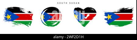 South Sudan hand drawn grunge style flag icon set. South Sudanese banner in official colors. Free brush stroke shape, circle and heart-shaped. Flat ve Stock Vector