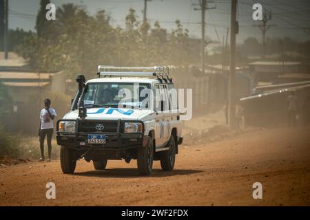 Juba, South Sudan. 26th Jan, 2024. An off-road vehicle of the United Nations Mission UNMISS is on the streets of Juba. Credit: Michael Kappeler/dpa/Alamy Live News Stock Photo