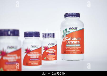 Row of Jars of Calcium Citrate and vitamin D 3, NOW Foods Company, from iHerb online store. Set of Healthy Food Supplements, vitamins and minerals. Gr Stock Photo