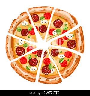 Pizza sliced with tomatoes and sausage. Italian Pepperoni pizza with olives and salad. Vector illustration. Stock Vector