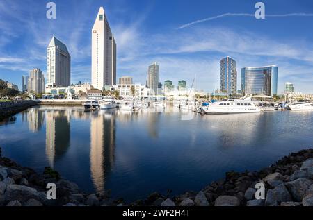 Scenic San Diego, California Marina Bay Panorama with City Center Highrise Buildings Skyline reflected in Calm Pacific Ocean Water Stock Photo