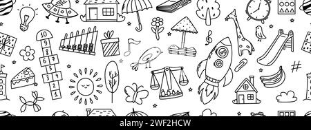 Seamless pattern with kindergarten doodles. Butterfly, toys, flower, umbrella, house, sun, tree, animals and other elements Stock Vector