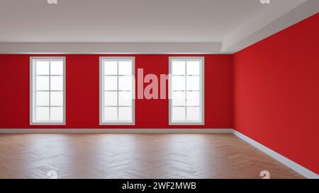Interior with Red Walls, White Ceiling and Conrnice, Three Large Windows, Herringbone Parquet Flooring and a White Plinth. Beautiful Concept of the Ro Stock Photo
