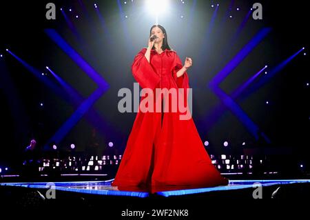 The singer Laura Pausini performs during the concert at the  festival at the wizcenter in Madrid January 27, 2024 Spain Stock Photo