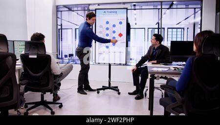 Diverse Team AI Training Presentation With TV Screen In Office Stock Photo