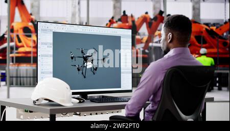 Engineer Doing 3D CAD Model Design On Computer At Factory Stock Photo