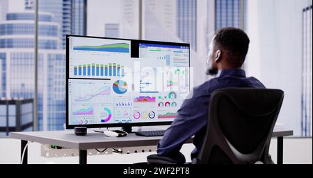 African American Data Analyst Using Data Analytics KPI Dashboard Stock Photo