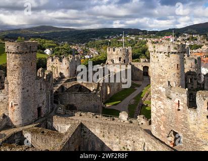 UK, Wales, Gwynedd, Conwy (Conway), elevated view of castle from battlements Stock Photo