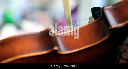 close up of violin bow during concert Stock Photo
