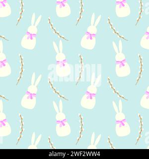 Repeating pattern featuring white rabbits with pink bows and brown willow branches on blue pastel colors backdrop, typically used for festive Easter-t Stock Vector