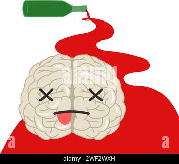 Alcoholic brain in spilled red wine from a bottle. Alcohol abuse concept of alcohol wine illustration of design alcoholism concept bottle of wine vector Stock Vector