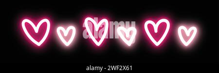 neon pink hearts border doodle for valentines day, decoration, banners, club, party Stock Vector