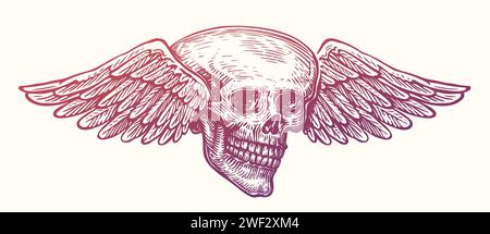 Hand drawn human skull with wings. Winged skeleton sketch. Vintage vector illustration Stock Vector