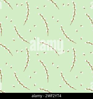 Vector image features repeating pattern of willow branches adorned with small buds against soft pastel green backdrop, evoking sense of spring. Stock Vector