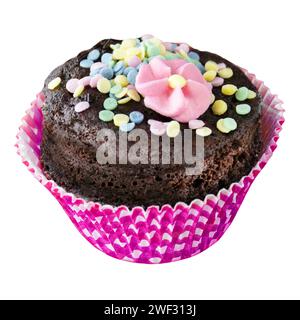 Chocolate muffin cake with decoration isolated on white background Stock Photo
