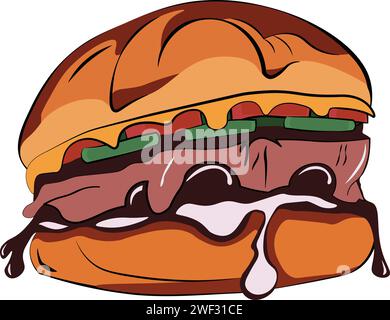 Texas brisket burger with barbeque sauce Illustration. Stock Vector